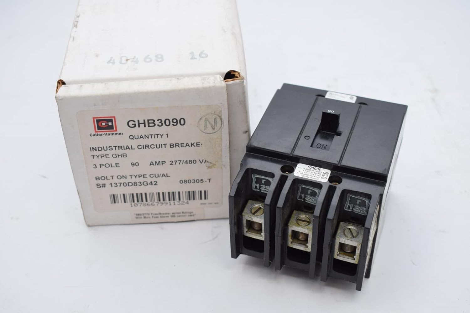 Eaton GHB3090 Breaker, 90A, 3P, 277/480 VAC, 125/250 VDC, GHB, 14 kAIC