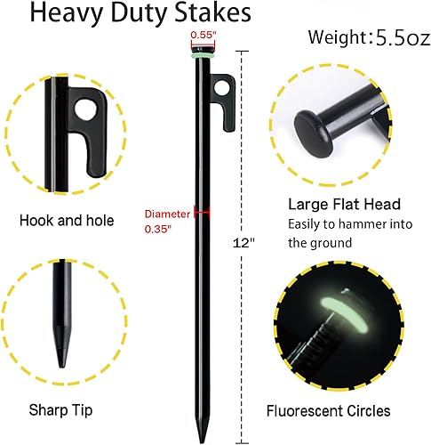 Miniatura 4 de Estaca para tienda de campaña con martillo, paquete de 12 estacas resistentes de 12 pulgadas + martillo de campamento de 10 pulgadas + bolsa de