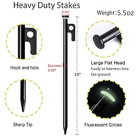 Tent Stake with Hammer, 12-Pack 12in Heavy Duty Tent Stakes + 10in Camping Hammer+Storage Pouch, Forged Steel Stakes for Camping Used on Rocks, Grassland(12Pcs 12in Tent Stakes and Hammer)