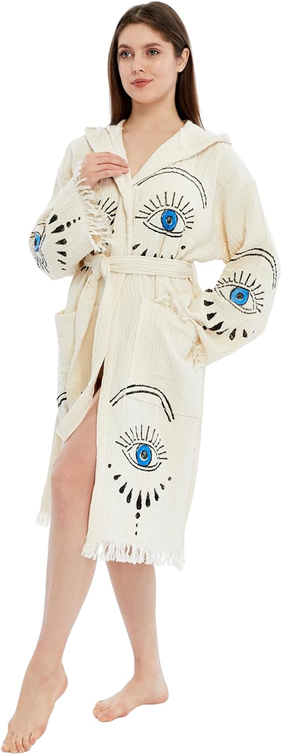 Evil Eye Kimono Handmade Hooded Boho Beachwear Cover Up Robe Kimono Bathrobe Cotton Cardigan For Spa, Gym, Pool, Beach - Image 3