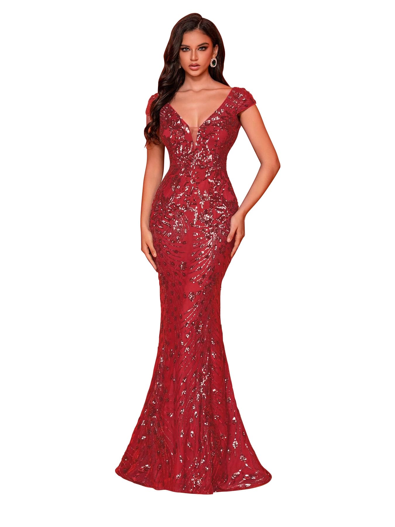 Womens Sequined Long Evening Gown Glamous Sleeveless V-Neck Mermaid Prom Dress for Wedding Party Club Occasions