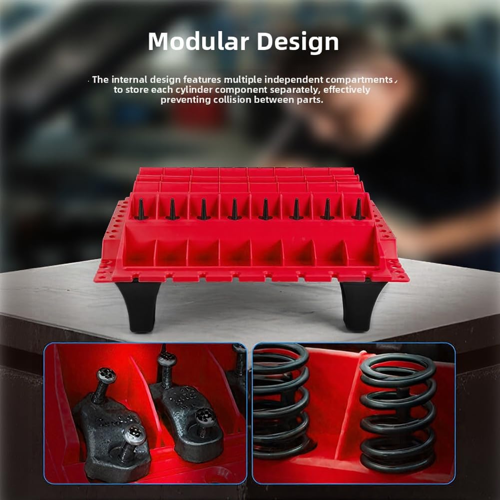 Plateau de pièces de culasse de moteur, boîte de rangement d'arbre à cames à ressort de soupape, plate-forme de rangement en polypropylène rouge pour atelier de réparation automobile