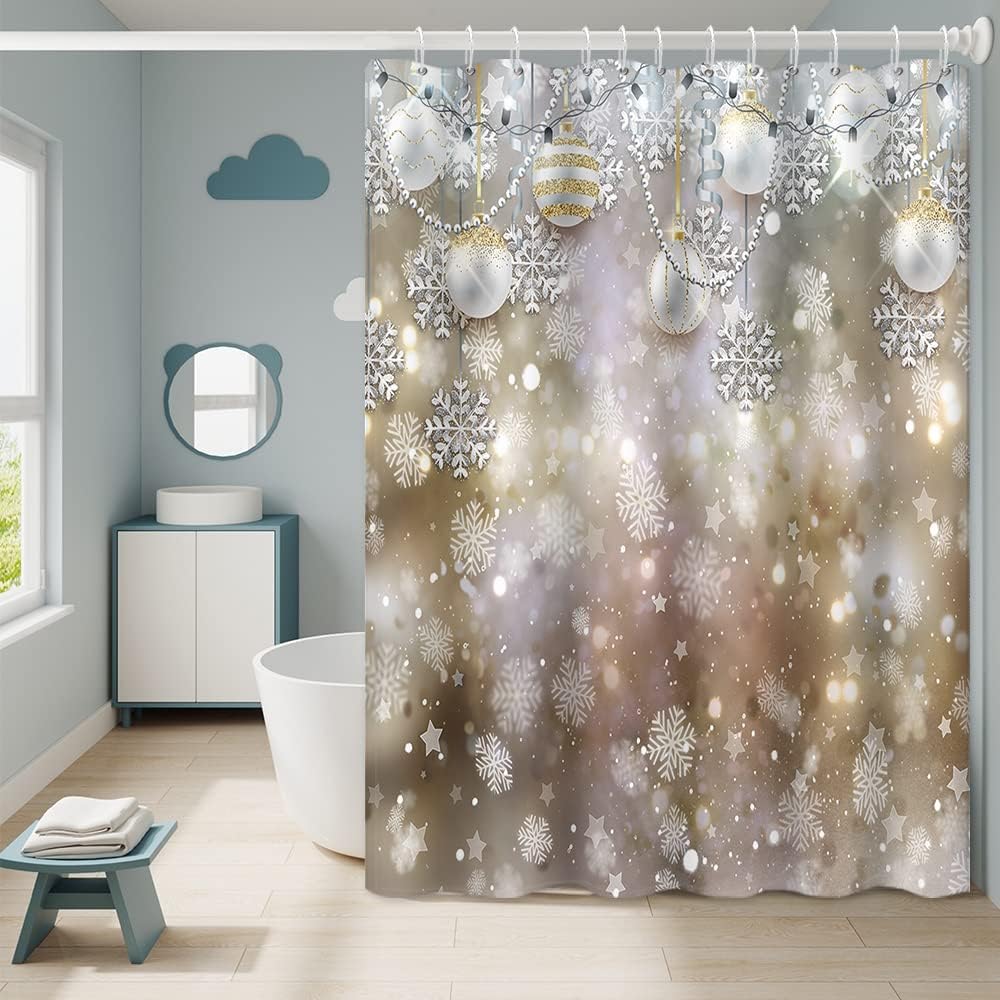 Merry Christmas Shower Curtain with Hooks Silver Xmas Balls Snowflakes Bokeh Halos Winter Holiday New Year Themed Shower Curtain for Bathroom Decorative Waterproof, 72x72 Inch