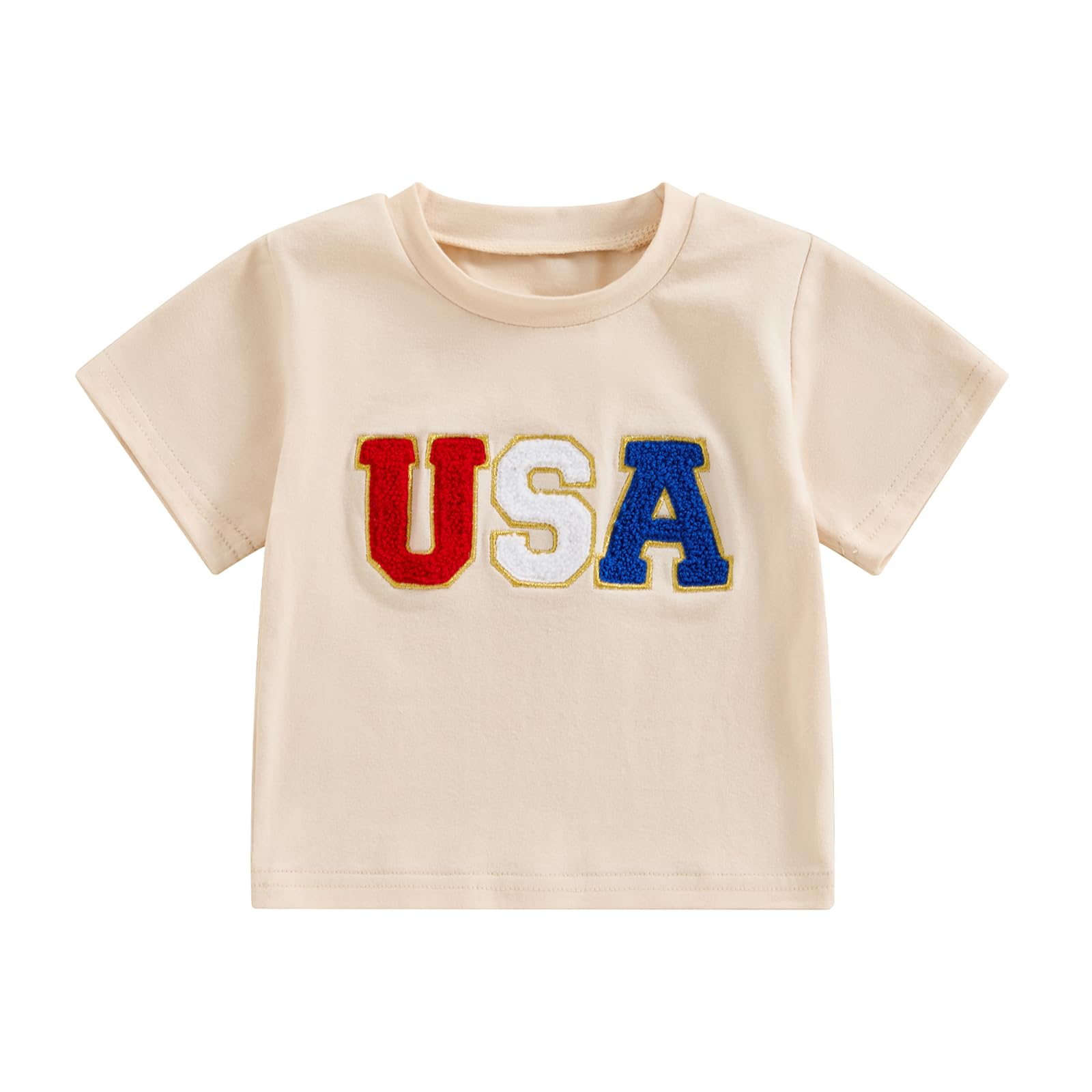 Baby Boy Girl 4th of July Outfit USA Shirt Short Sleeve American Flag Tee Tops Toddler Fourth of July Clothes 6M-4T(USA Apricot, 18-24 Months)