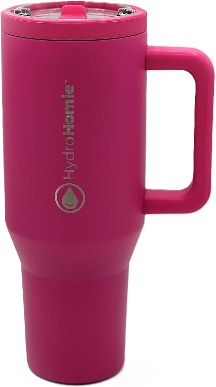 The Nomad 40oz Tumbler with Flip Straw Lid and Rubber Base – Travel Car Cup Holder Friendly, 100% Leak Resistant - Electric Bar B Pink