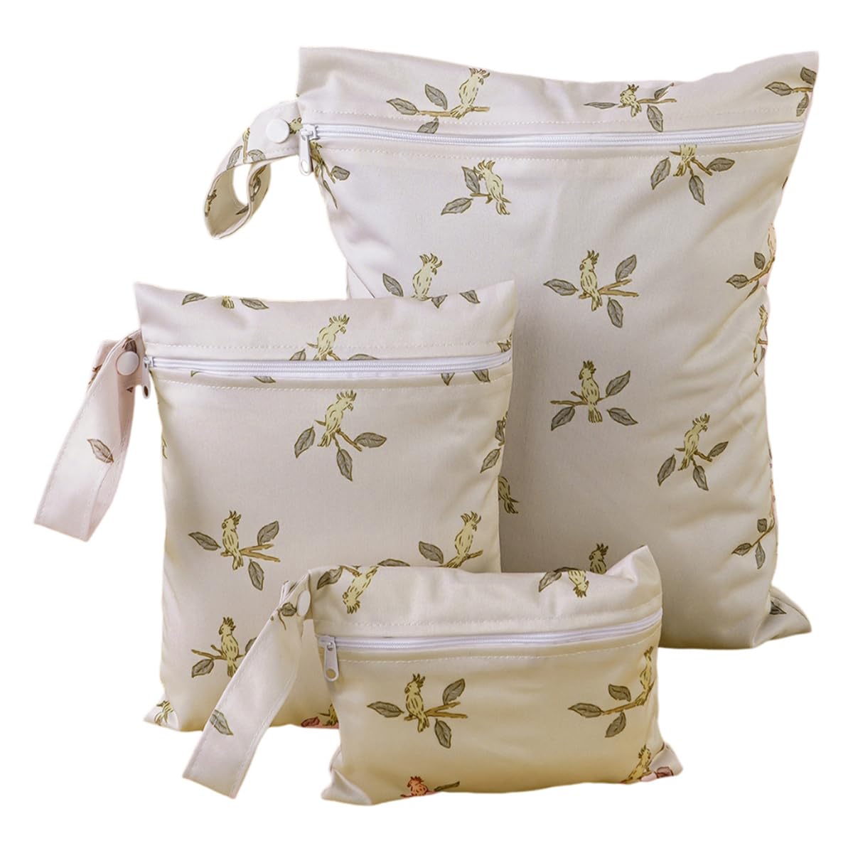 Treer 3 PCS Wet Bags Baby Cloth Nappy Wet Bag, Elegant Chic Print Waterproof Reusable Diaper Bags with Zipper, Wet Dry Organizer Bag for Swimming, Baby Diaper, Travel Beach (Parrot)