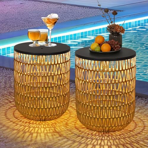 HMVPL Solar Outdoor Side Table Set of 2 with Dimmable Light Round Patio Side Table for Outside Outdoor End Accent Tables Plastic Rattan Patio End Table for Poolside Backyard Gazebo Dusk to Dawn