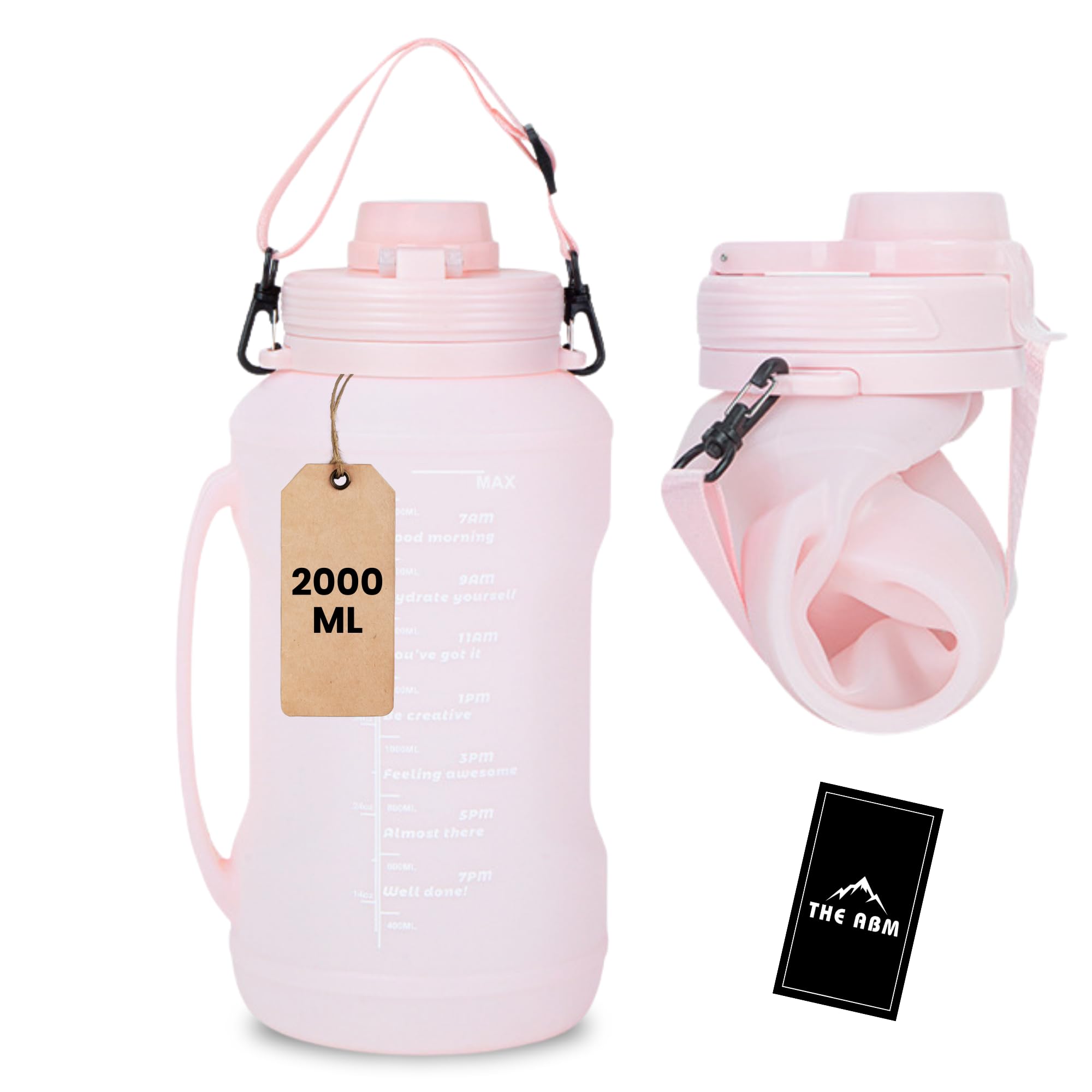 The ABM 2L Collapsible Water Bottle - Leakproof BPA-Free, Reusable, Lightweight Travel Essentials & Water Bottle for Kids - Foldable for Gym, Camping, Hiking, Sports, w/Time Marker (Pink)
