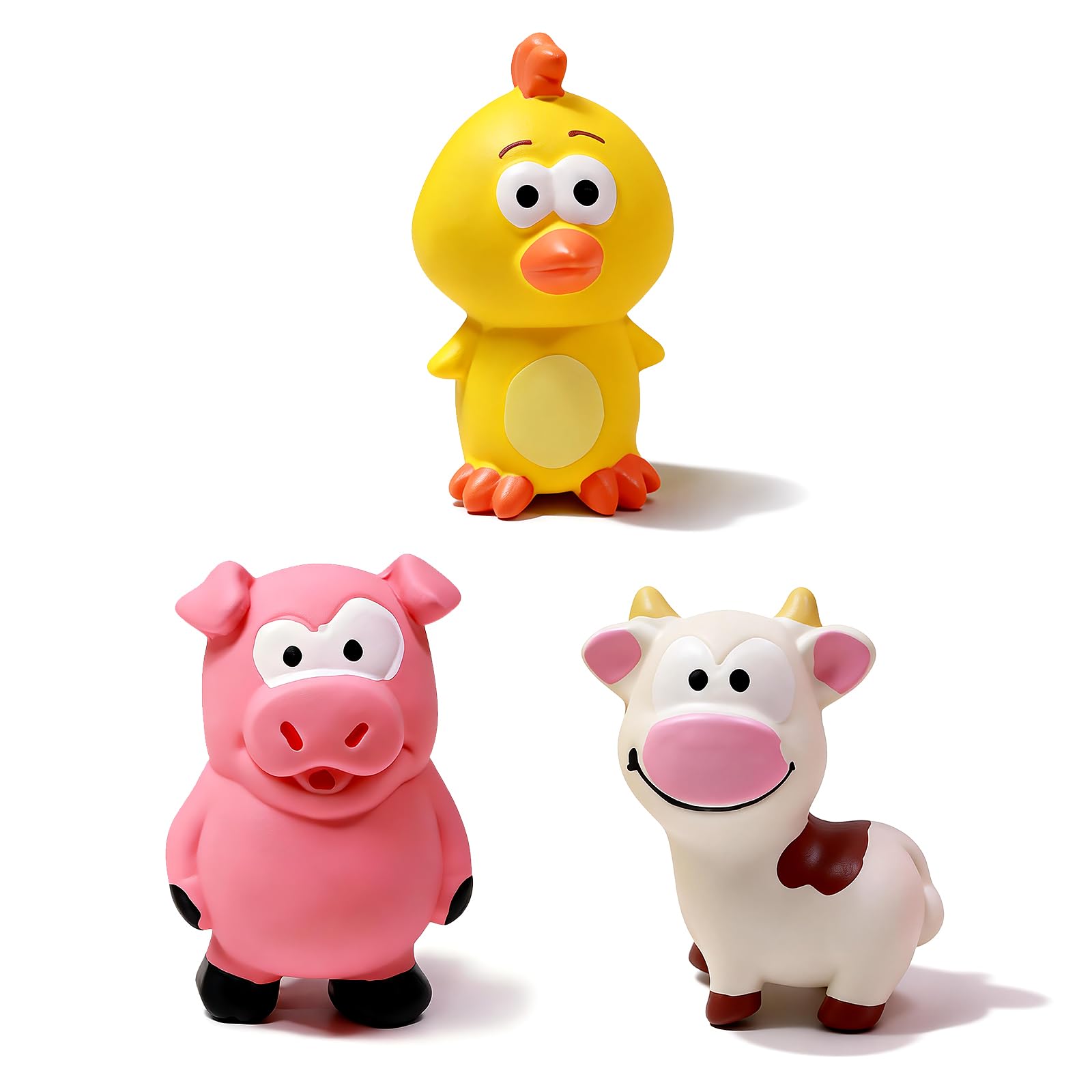 Bestwist Squeaky Dog Toys，Natural Latex Puppy Toy with Squeaker for Boredom & Anxiety, [3 Pack] Cute Interactive Pet Toy for Small Breeds (White Calf + Pink Piglet + Yellow Chick)