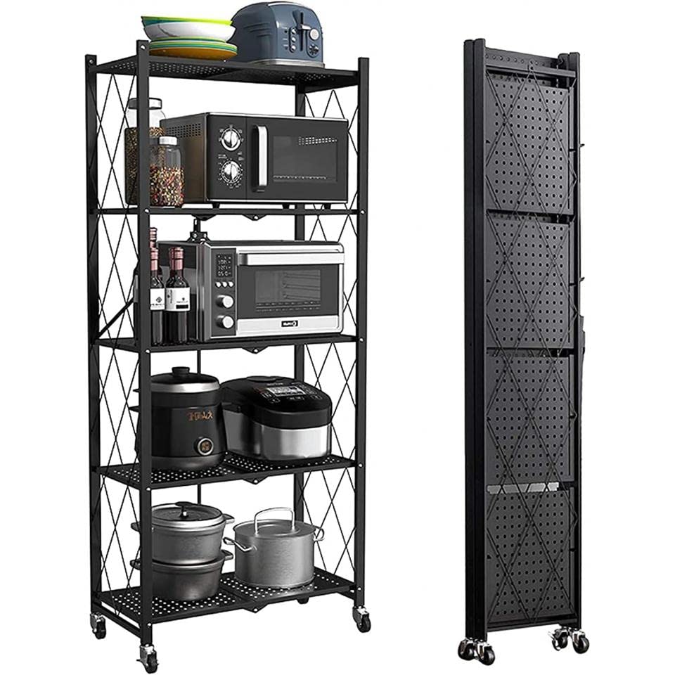 ALISSA Shelf 5-Tier Shelf Rack Metal Rack Unit Foldable Storage Organizer For Kitchen Garage Storage Rack Heavy Duty Storage Shelf (Black)