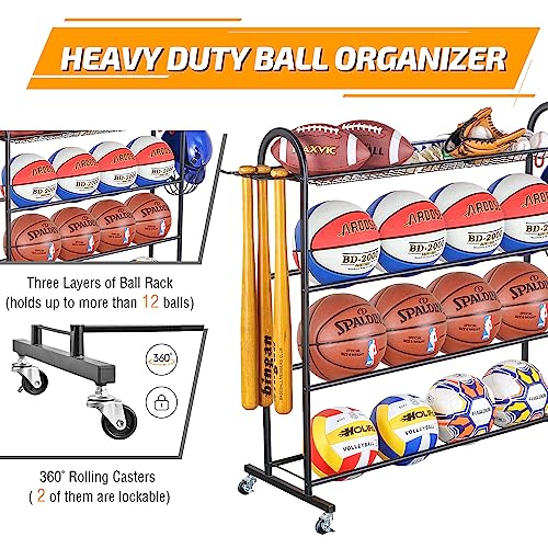 Plkow Basketball Rack, Rolling Ball Storage With Baseball Bat Holder And Hooks, Sports Equipment Storage With Wheels For Volleyball, Football And Basketball Accessories, Powder Coated Steel #TOP3
