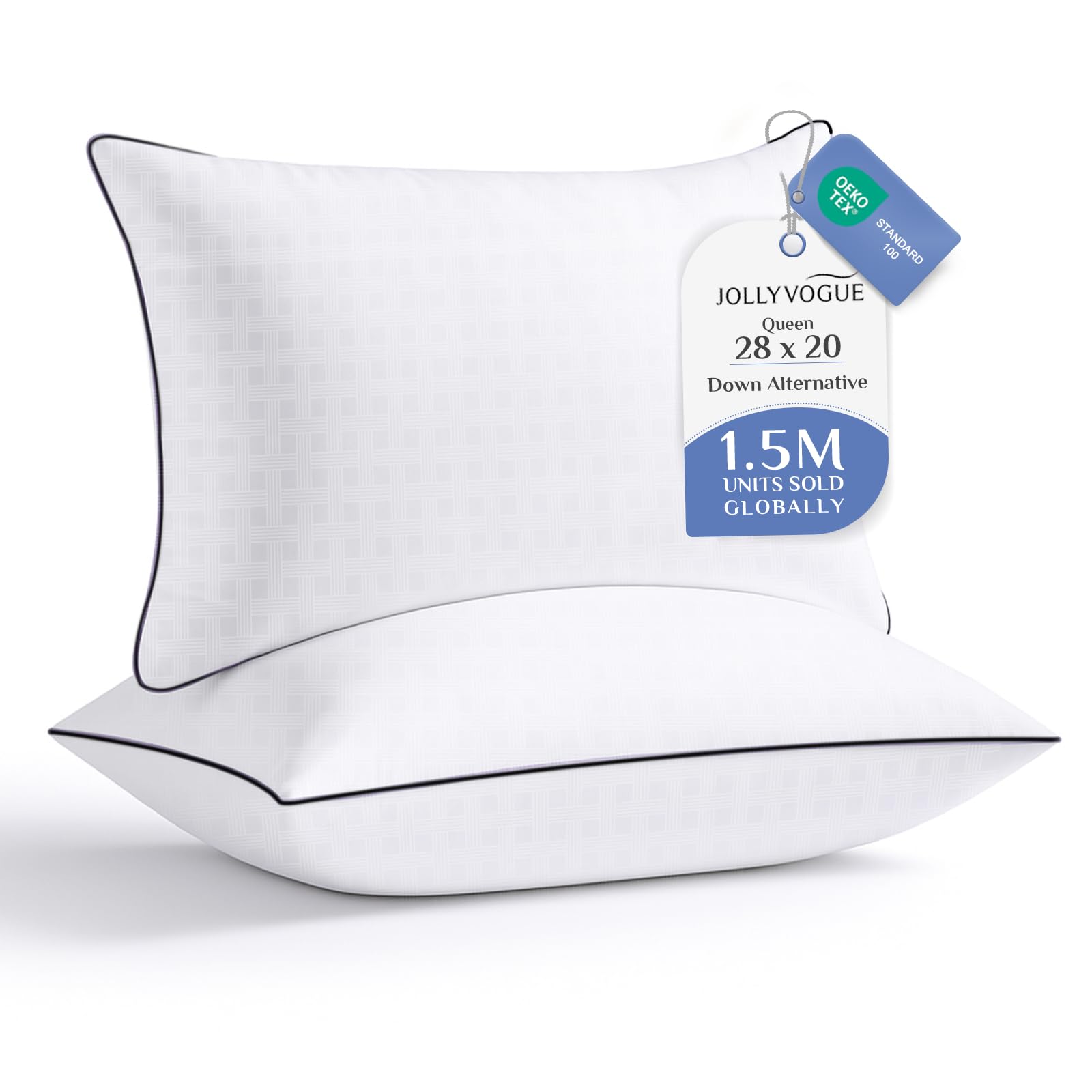 JOLLYVOGUE Pillows Queen Size Set of 2, Hotel Collection Bed Pillows for Side, Back, and Stomach Sleepers, Fluffy and Supportive, Down Alternative Microfiber Filled Sleeping Pillow