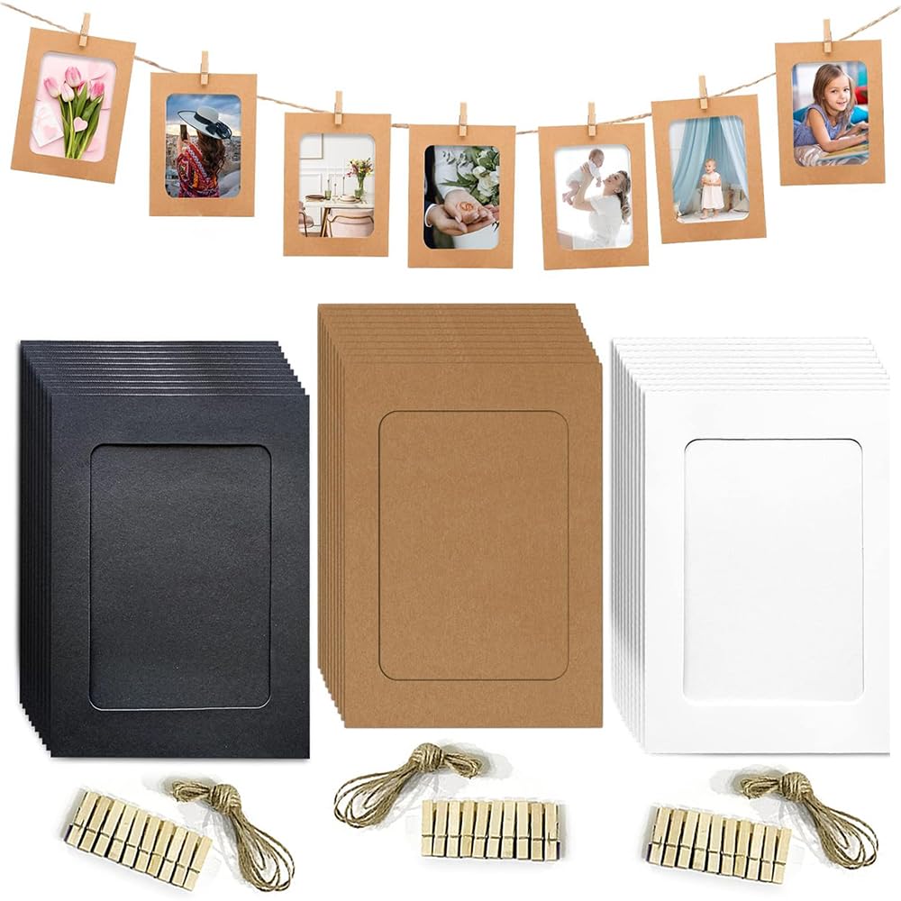 – Paper Picture Frames 4x6 inch, 30Pcs Photo Hanging Display with Clips and Strings, DIY Picture Display for Party, Home, Office, Wedding