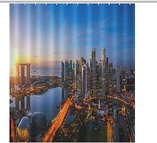 Singapore Shower Curtain Singapore City and Sunrise Sky in Harbour Side View Shower Curtain for Bathroom Waterproof Polyester Fabric with 12 Hooks 72x80 Inch