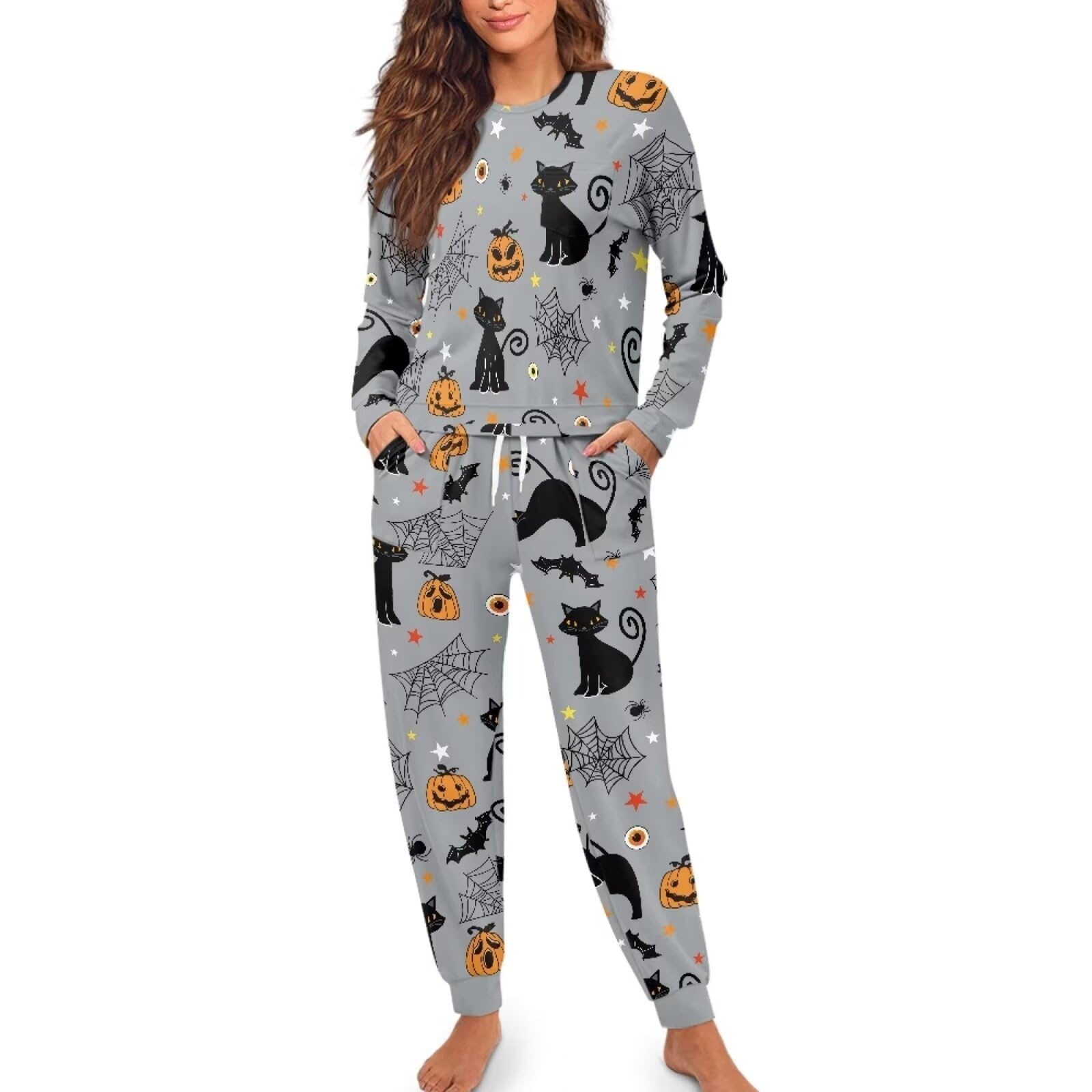 Produktbild von Famulily Herbst-Pyjama-Set Für Damen, Langärmelig, Rundhalsausschnitt, Nachthemd Und Hose Mit Kordelzug, Weites Bein, 2-teiliges Pyjama-Set Mit Taschen, S-XXL, Grün, S