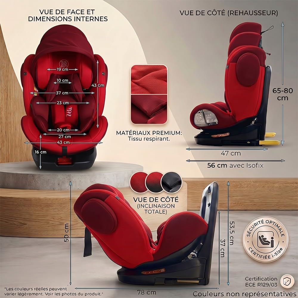 Seggiolino auto girevole a 360° ZELI - i-Size evolutivo da 40 a 150 cm (0-36 kg) - Isofix & Top Tether Rosso con baldacchino