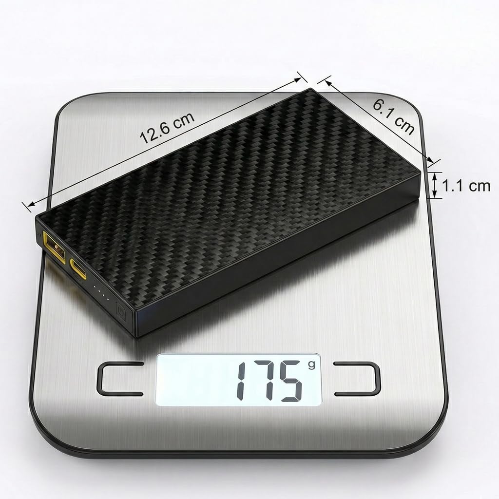 SSB10K Chargeur portable en fibre de carbone 10 000 mAh, ultra mince 1,1 cm, léger 175 g, batterie externe sûre et durable pour téléphone, Android, voyage