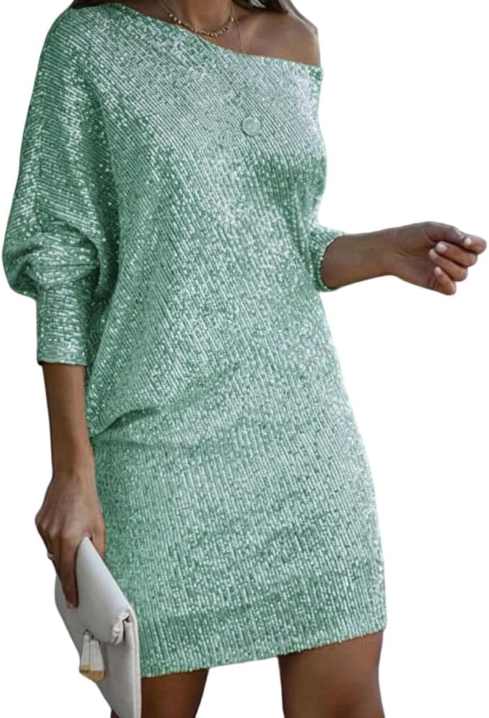 Women's Sequin One Shoulder Dress 3/4 Batwing Sleeve Sparkly Bodycon Mini Dress for Party Club/Night Out/Cocktail