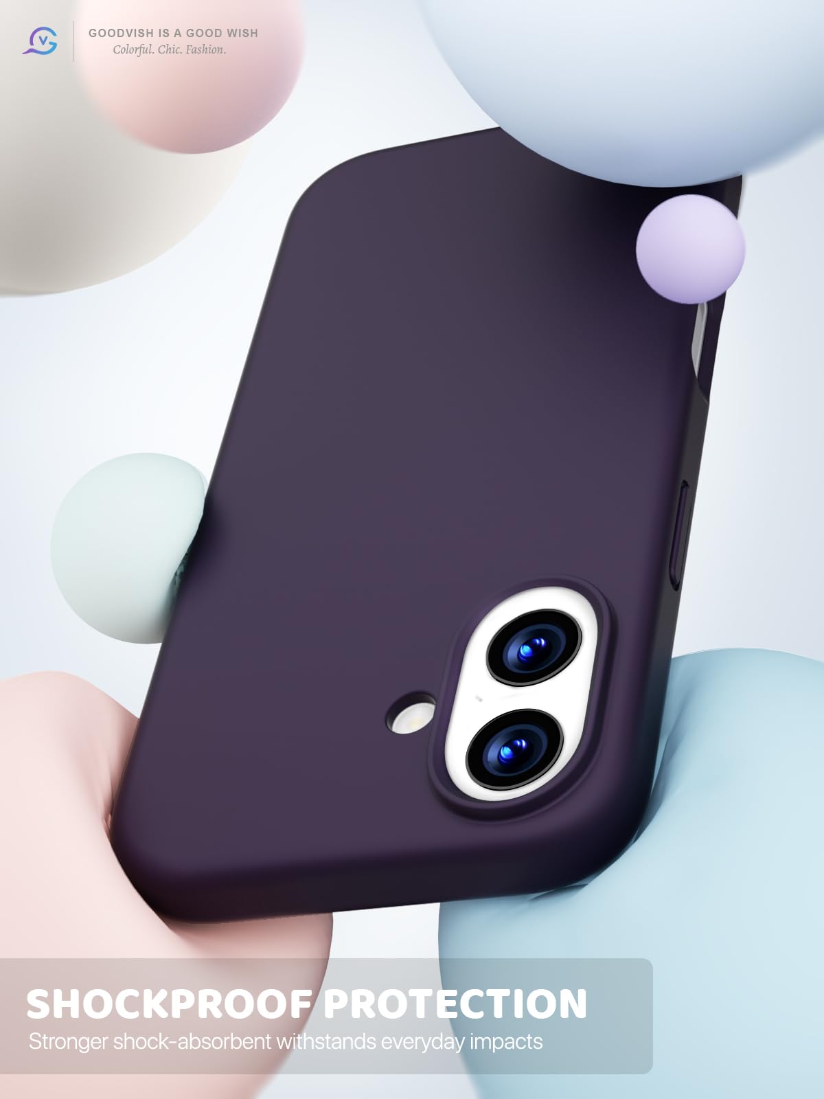 GOODVISH 3 in 1 Silicone Cover per iPhone 17 6.3", Custodia con 2 Pellicola Vetro Temperato [Protezione Fotocamera] 360° Protezione Anticaduta Case per Cellulare Antiurto Resistente, Viola Scuro