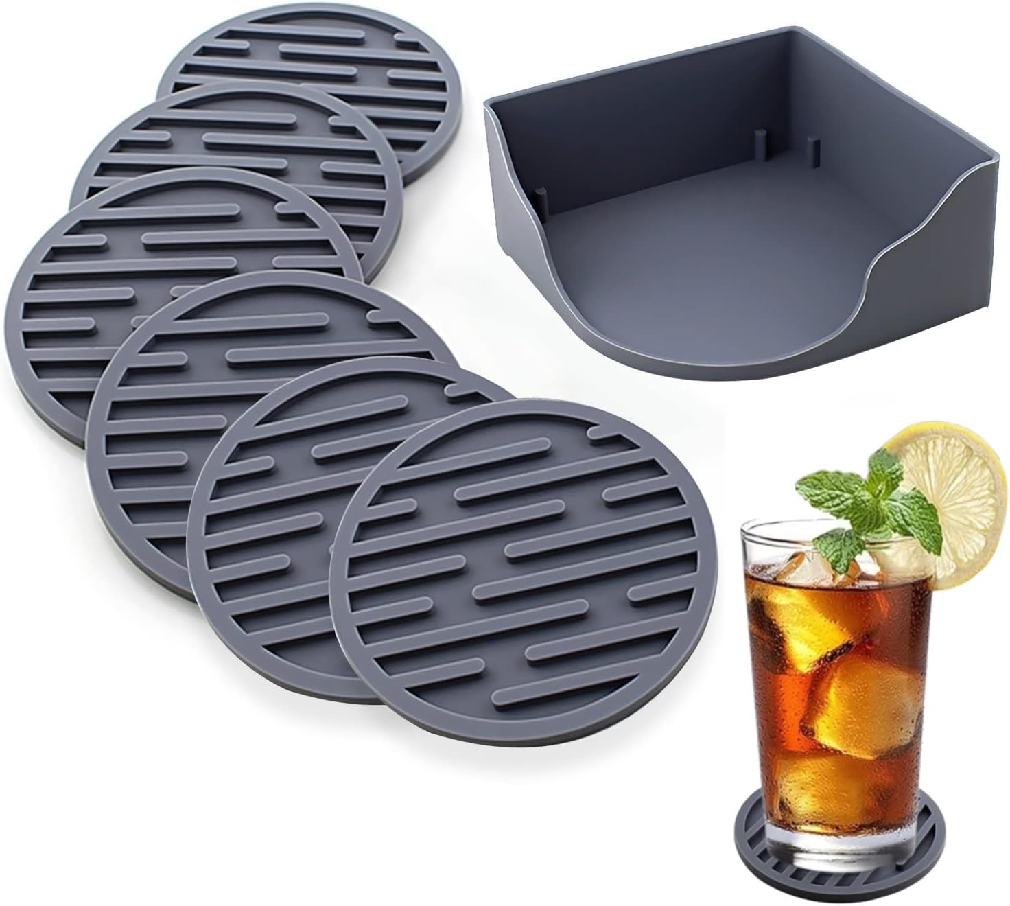 WUBAYI 6pcs Silicone Coasters, Drink Coasters with Holder, Thickened Drainable Suitable for Cold & Hot Drinks, Home, Bar, Office, Non-Stick, Easy to Clean (Grey)