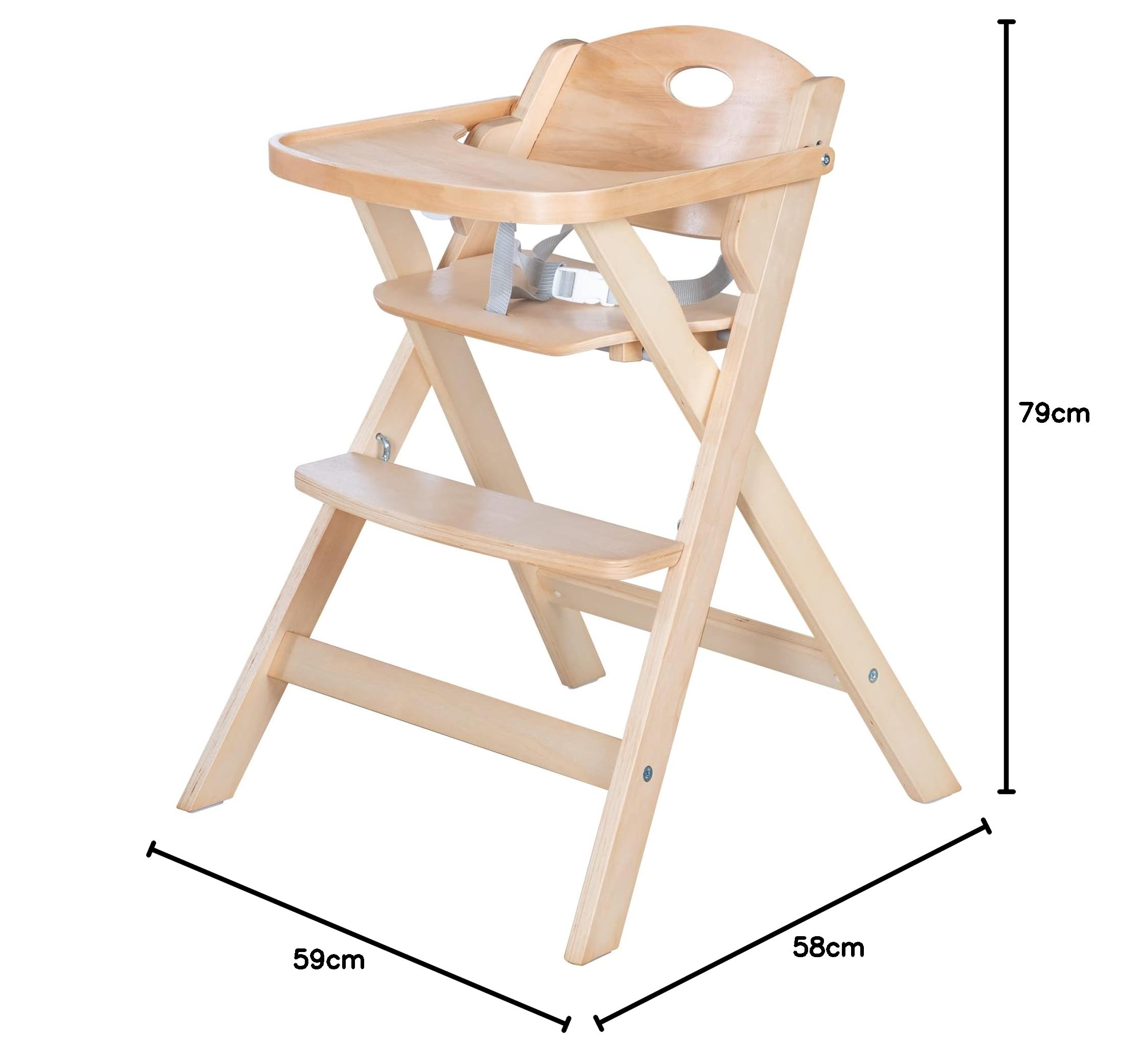 roba Chaise Haute Pliable en Bois Fold Up Smart - Chaise d'Alimentation peu Encombrante + Plateau Repas Détachable - Supporte 15 kg - Bois Naturel | Chaise d'alimentation compacte en bois, gain de place, livrée montée, avec harnais 3 points, supporte jusq