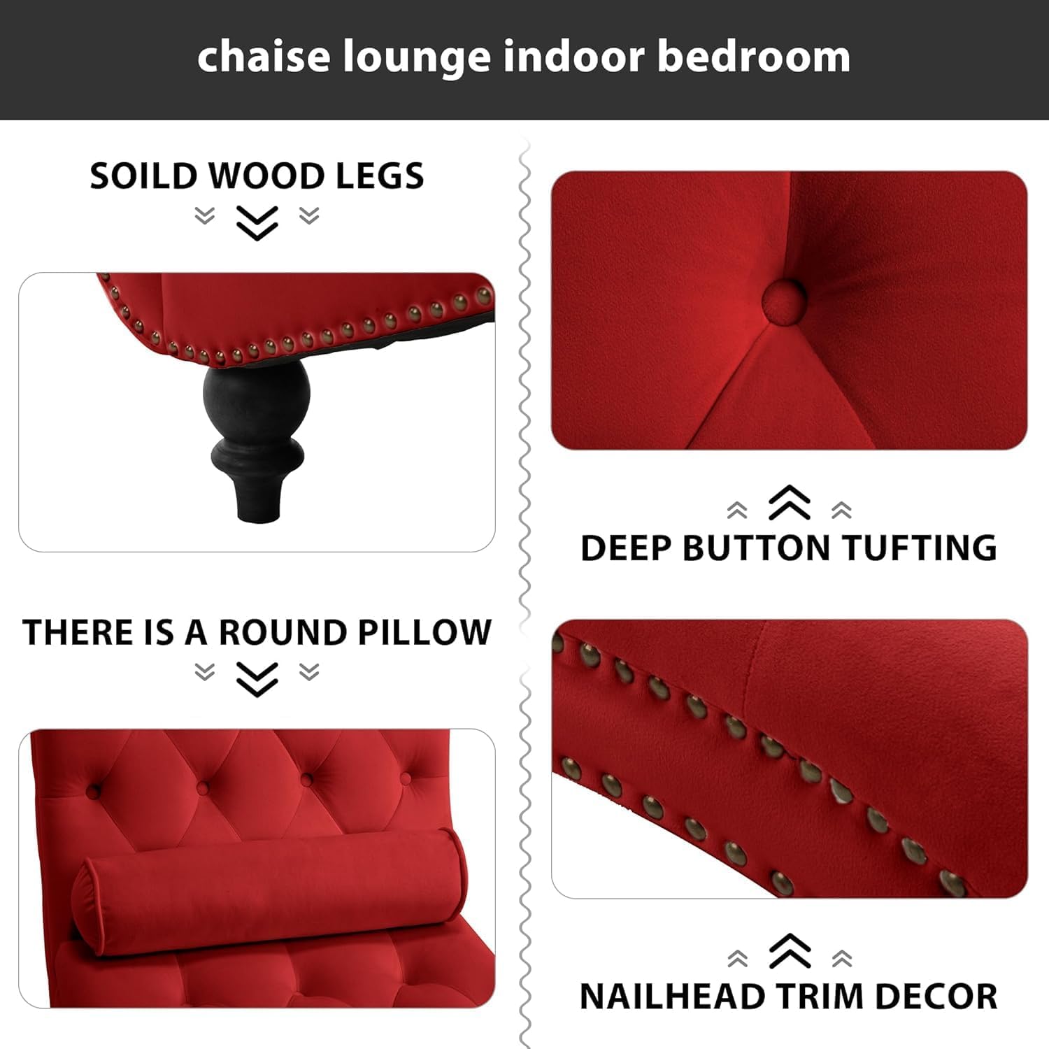 Chaise Lounge Chair Indoor, Velvet Upholstered Lounge Sofa with Bolster Pillow, Button Tufted Nailhead Trim Solid Wood Legs Armless Leisure Sofa Recliner for Bedroom (red)