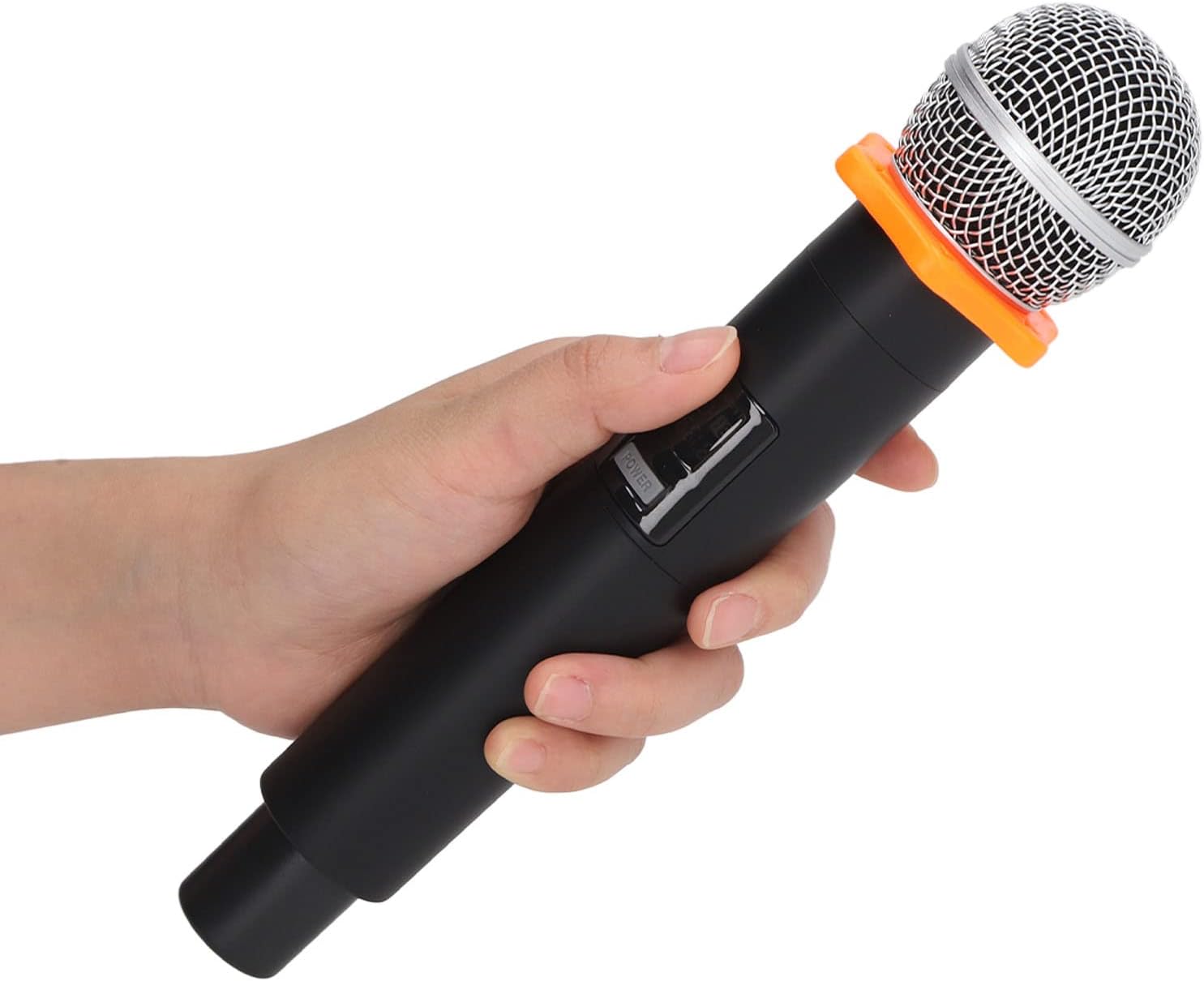 A hand holding the Heayzoki microphone, with a clear view of the power button and display screen.