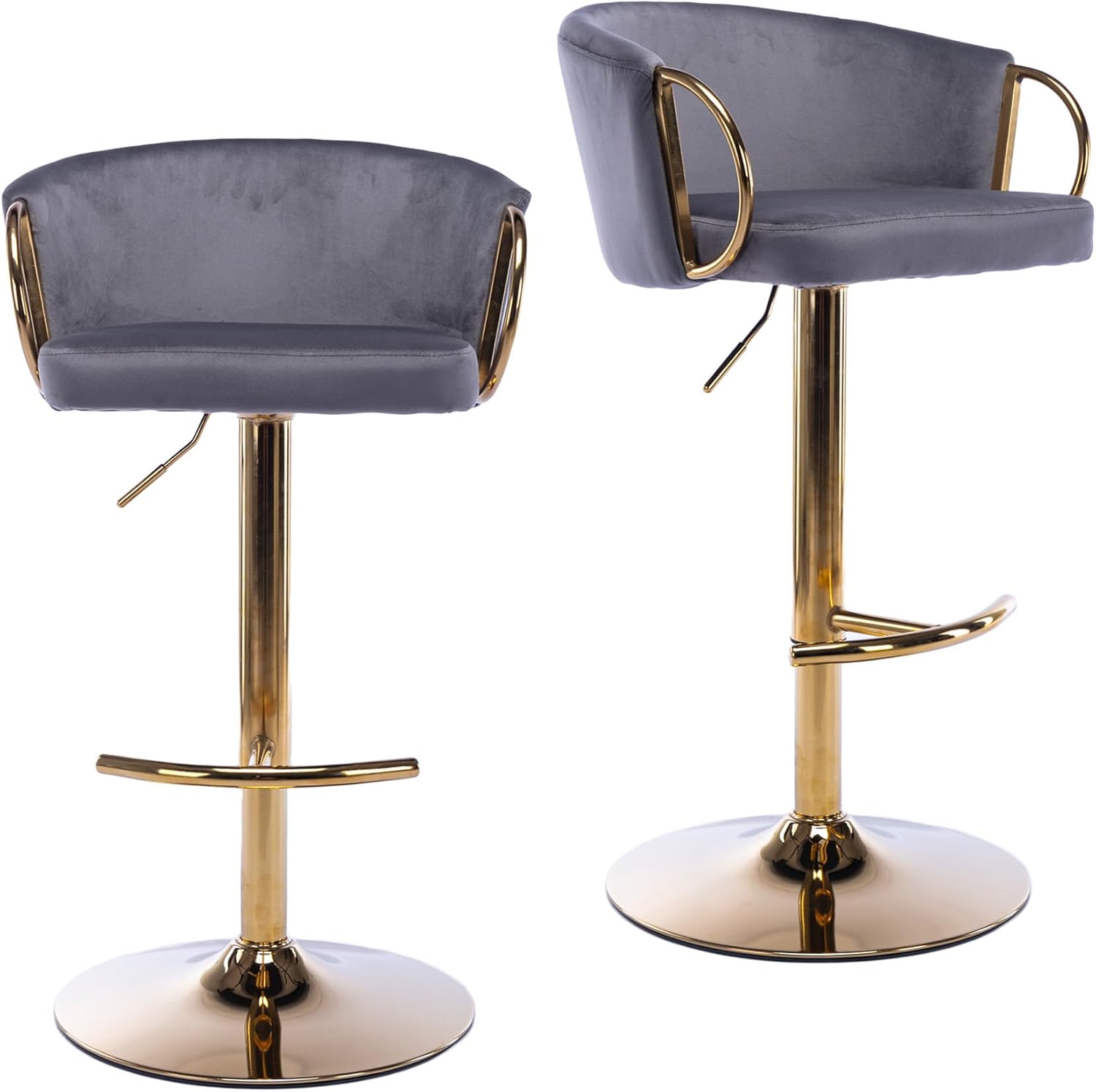 Bar Stools Set of 2, Swivel Adjustable Height Velvet Bar Stools with arms and Footrest, Counter Pub Chairs for Bar Kitchen Living Room, Grey