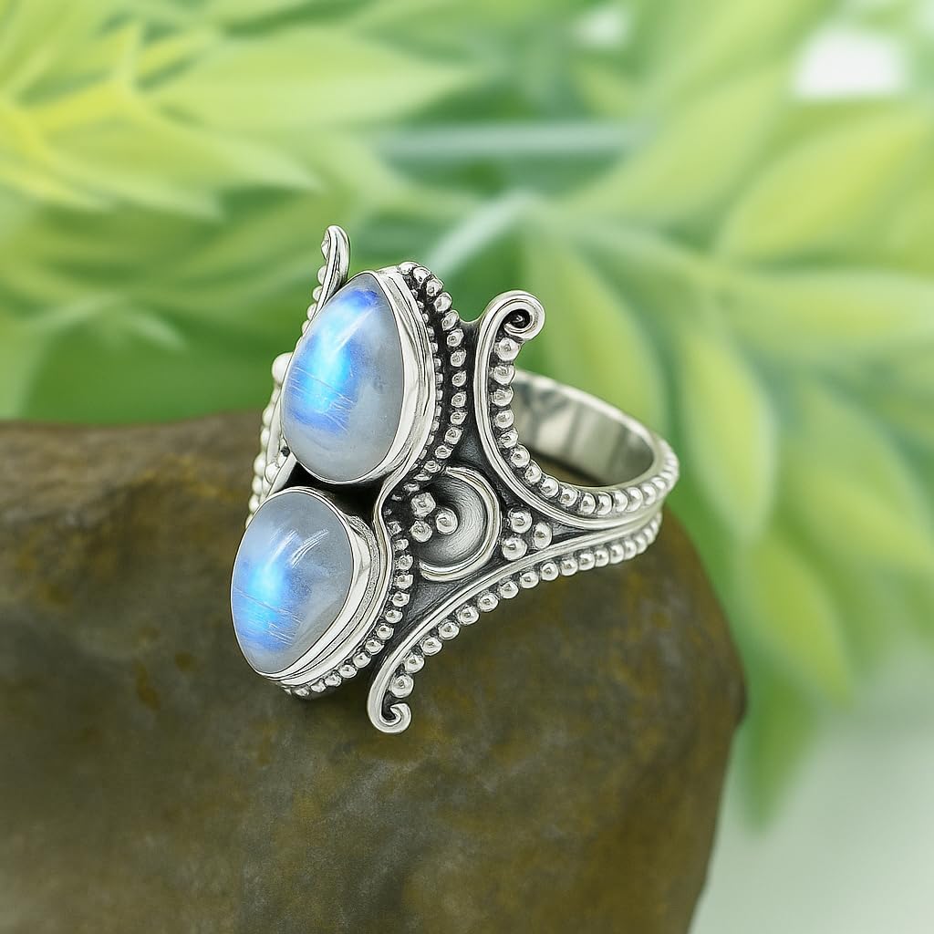 Handmade 925 Sterling Silver Double Pear Cabochon Bohemian Vintage Statement Ring for Women Birthstone Gift Jewelry