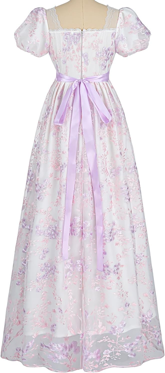FCCAM Regency Dresses for Women Puffy Sleeves Victorian Dress Costume Empire Waist Regency Ball Gown - Image 3