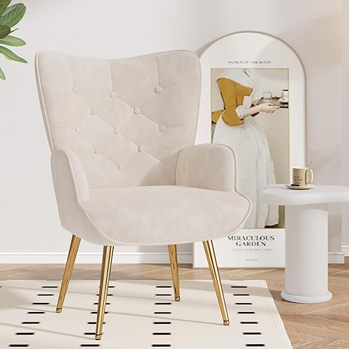 Nalupatio Silla decorativa moderna de mediados de siglo, sillón tapizado de terciopelo con patas de metal, silla auxiliar con respaldo de ala con