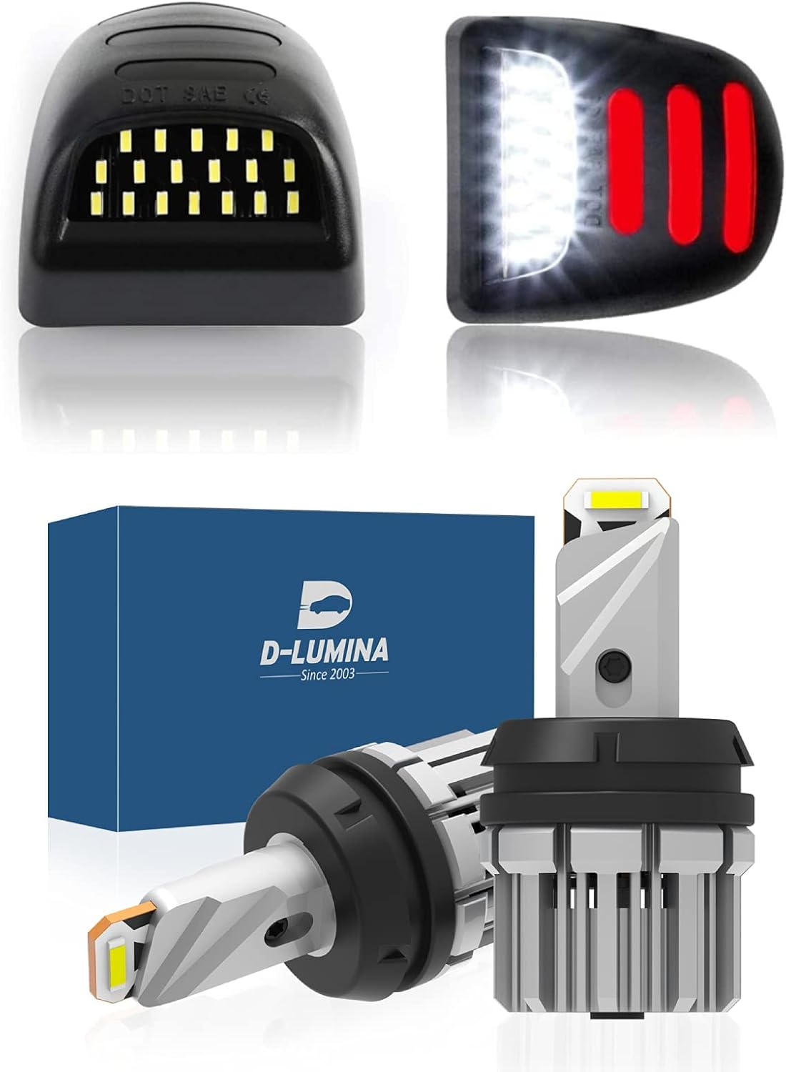 D-Lumina LED License Plate Light Assembly w/Red OLED Neon Tube for Chevy Silverado GMC Sierra 1500 2500 3500 Suburban, Include 3157 3156 LED Backup Reverse Light Bulbs, 5600 Lumen 21W 2-SMD CSP Chip