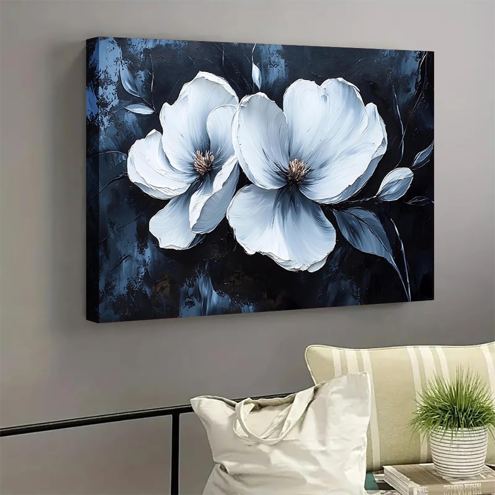 IXEHOH Große Moderne Abstrakte Leinwandbilder für Wohnzimmer, Blau und Weiß Blumen Wandkunst, Ästhetische Bilder Wanddekor, Neutrale Minimalistische Kunstdrucke für Schlafzimmer 60x90