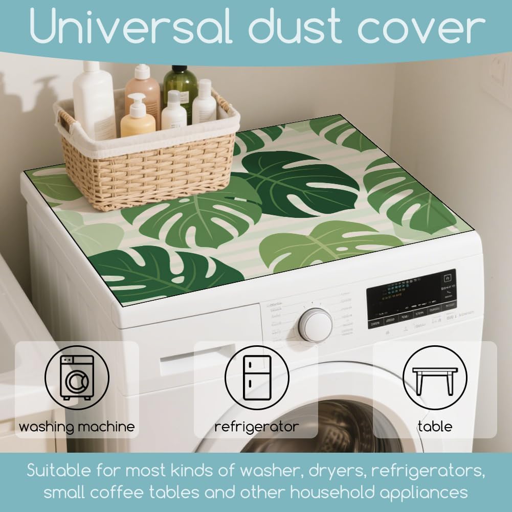 GLOBLELAND Tropical Monstera Leaves Laundry Room Washer Dryer Dust Cover Mat 23.6x19.6inch Green Monstera Plants Washing Machine Top Protector Pad Retro Non Slip Washing Top Covers for Laundry Rooms