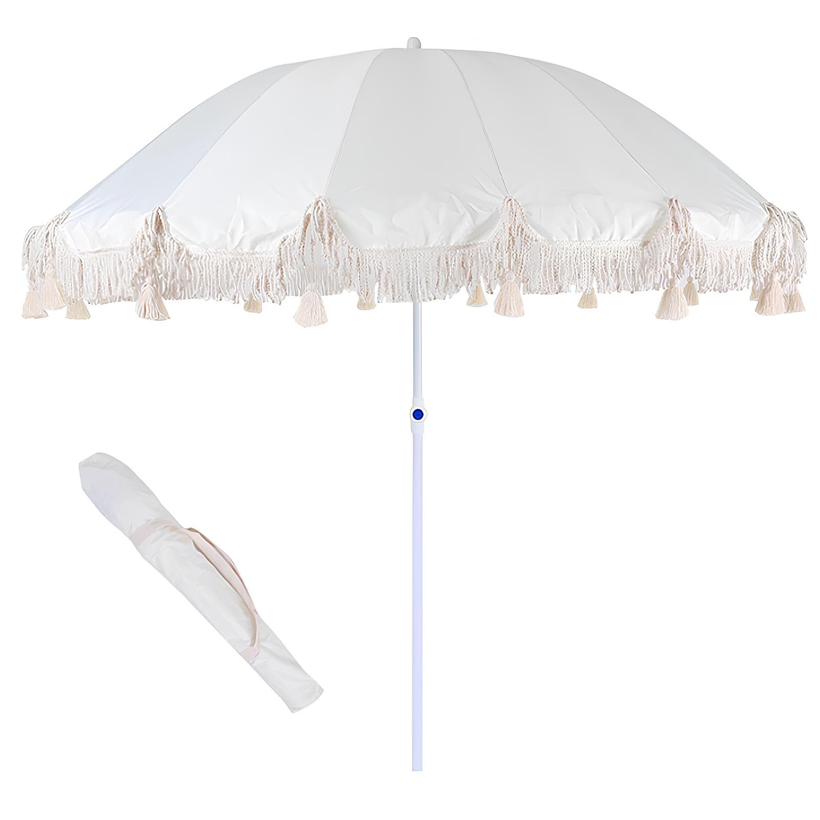 Parasol extérieur inclinable protection UV 50+ portable rond frange