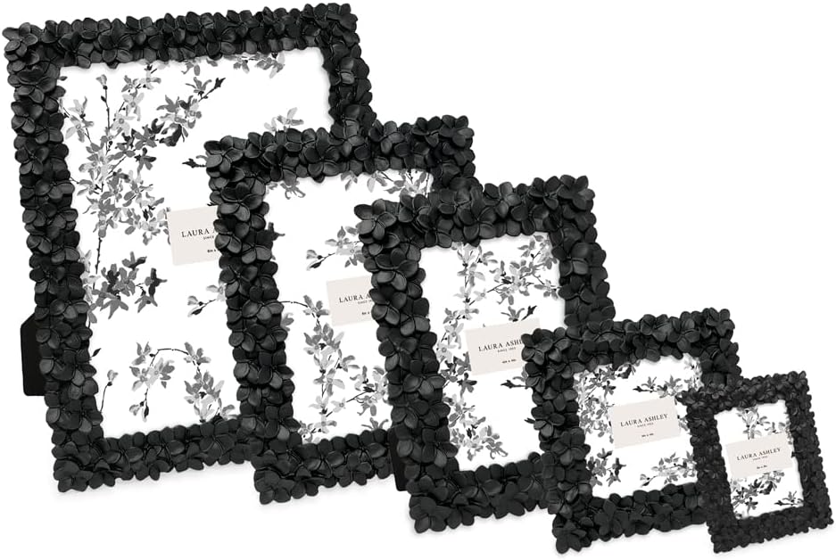 Laura Ashley 5x7 Black Flower Textured Hand-Crafted Resin Picture Frame w/Easel & Hook for Tabletop & Wall Display, Decorative Floral Design Home Décor, Photo Gallery, Art (5x7, Black)