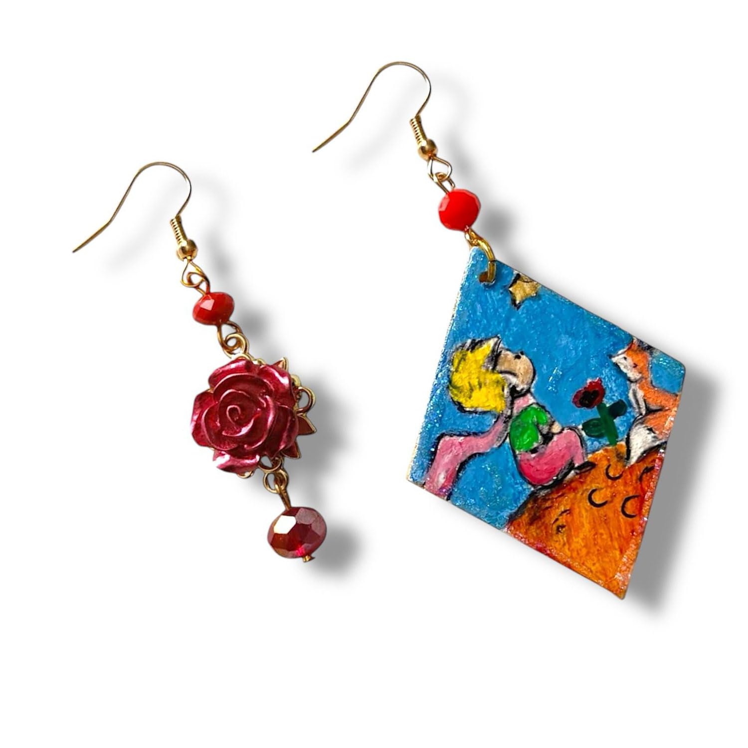Boucles d'oreilles peintes à la main - PETIT PRINCE - Boucles d'oreilles pour femme, Bijoux peints à la main, Crochet en argent, Made in Italy, Bijoux décorés, Artisanat