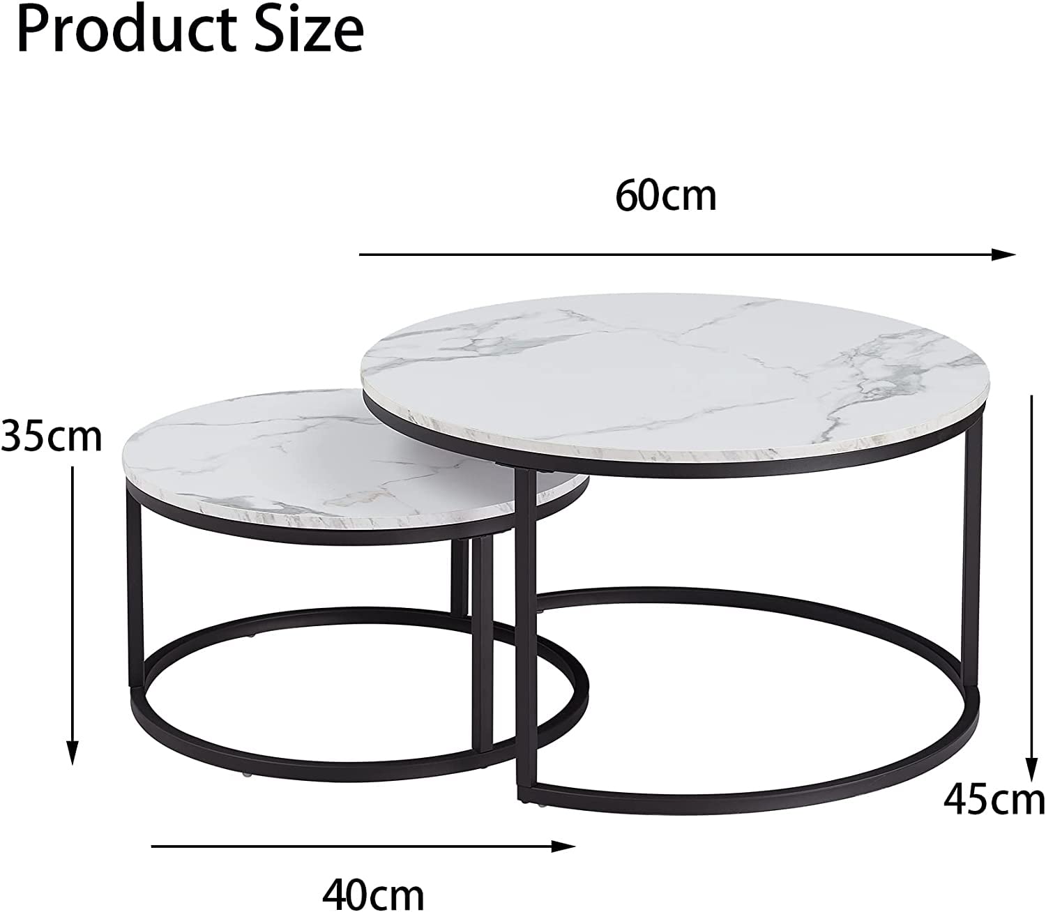 Set di 2 Tavolini Rotondi, Tavolini, Grandi: 60 x 60 x 45 cm. Piccolo: 40 x 40 x 35 cm, Tavolino da Soggiorno, Bianco e Nero