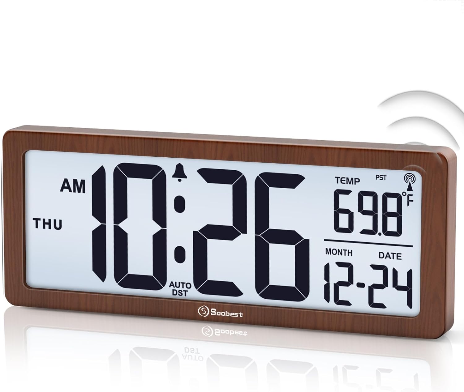 Soobest 8.5" Atomic Digital Wall Clock, Never Needs Setting, Auto Time Sync, Accurate & Easy to Use Clock with Backlight, Battery Operated, Temperature, Date, Auto DST, 4 Time Zones(Brown)