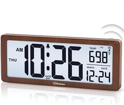 Soobest 8.5 Atomic Digital Wall Clock, Never Needs Setting, Auto Time Sync, Accurate & Easy to Use Clock with Backlight, Battery Operated, Temperature, Date, Auto DST, 4 Time Zones(Brown)