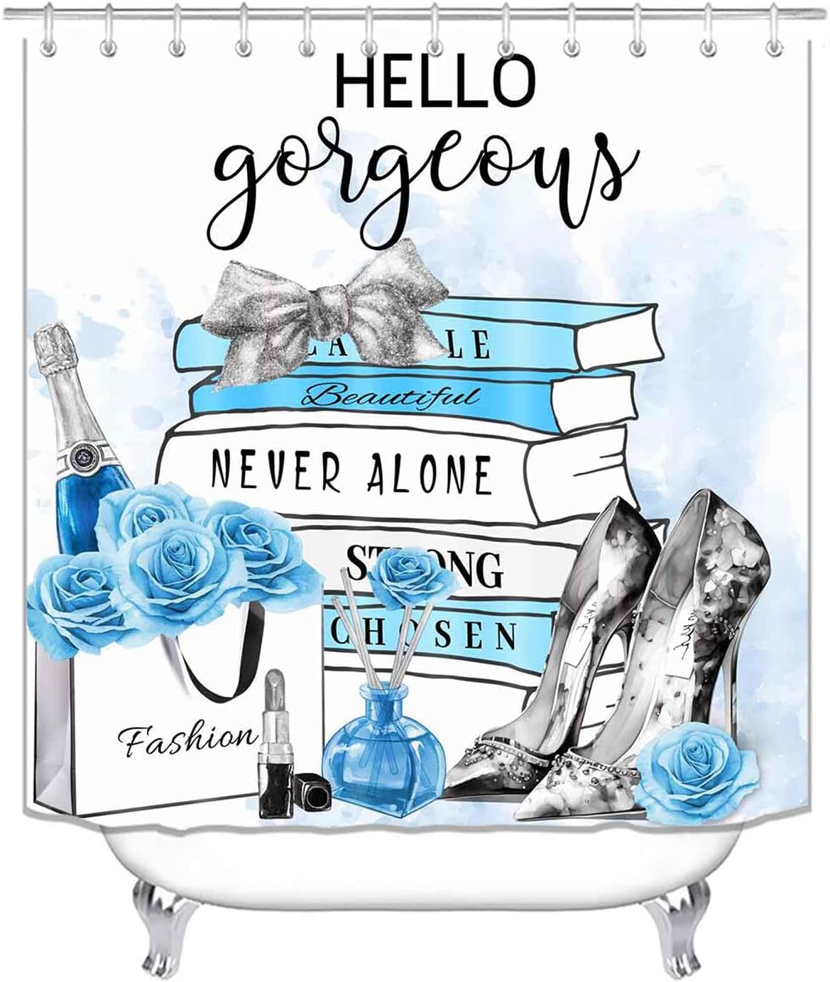 4PCS Hello Gorgeous Fashion Shower Curtain Sets with Rugs, Waterproof Fabric Shower Curtain, Blue Rose Floral Black White High Heels Perfume Makeup Magazine Books Modern Girly Bathroom Decor