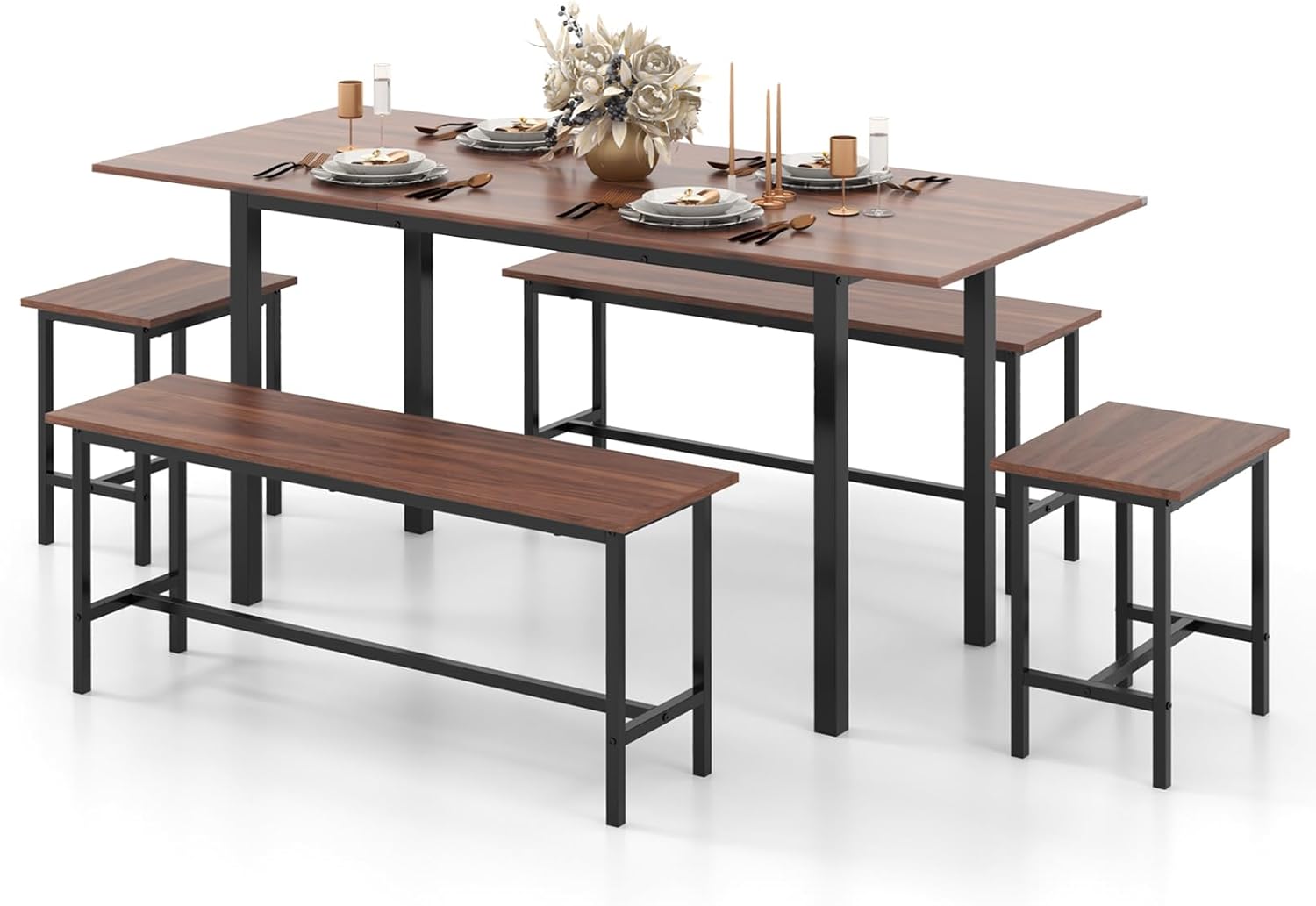 Giantex Dining Table Set for 4-6, 5-Piece Kitchen Table Chairs Set, 63” Extendable Table with 2 Benches, 2 Stools, Dinette Table Set, Breakfast Nook Table Set, Dining Room Table Set (Walnut)