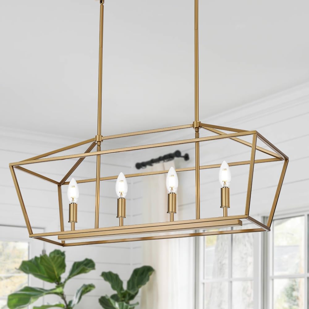 4-Lights Golden Pendant Light Fixtures, Modern Lantern Linear Chandelier with Adjustable Height, Dining Room Ceiling Lighting Hanging for Over Table