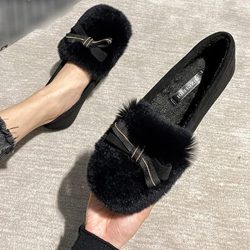 [PANLON] 暖かい 22.5cm 冬 モカシン 裏起毛 ローファー ファー フラット 蝶結び ぺたんこ 歩きやすい ブラック
