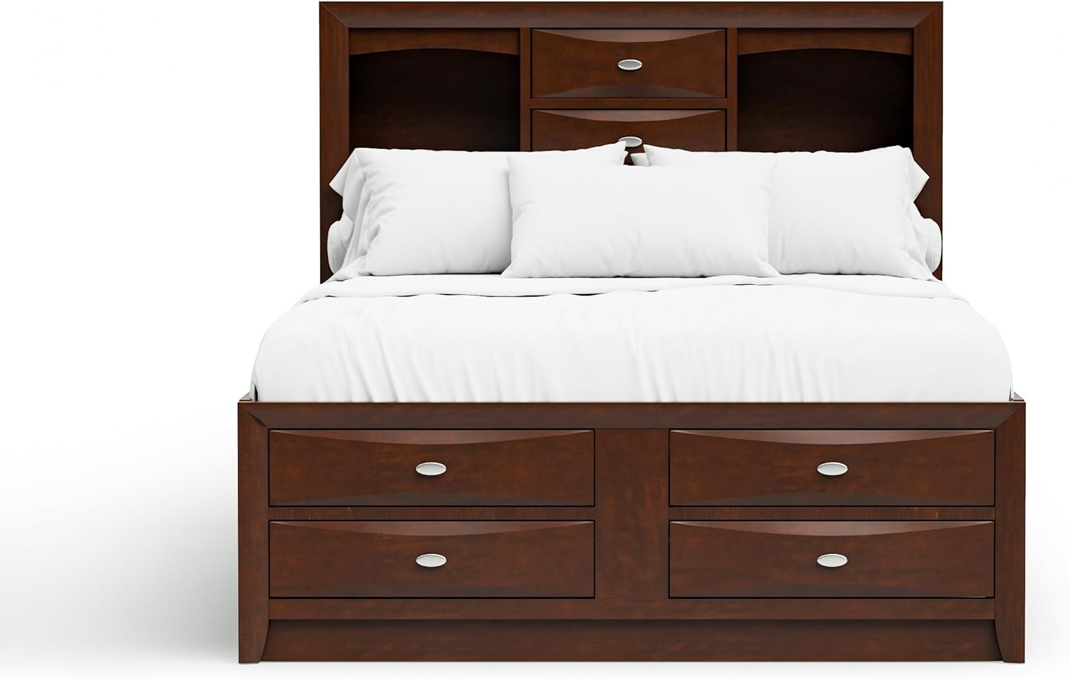 Furniture of America Darius Transitional Solid Wood 3-Piece Queen Platform Bedroom Set with Drawers, Bookcase Headboard and Knob Pulls, Mattress Ready, Dark Cherry