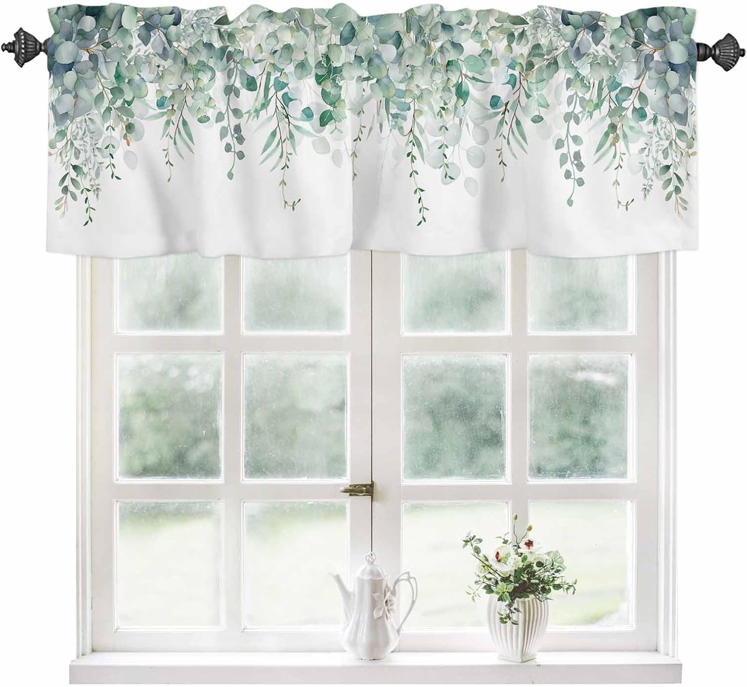 Curtain Valance for Windows Green Eucalyptus Rod Pocket Valance Window Treatments 1 Panel Watercolor Leaves Short Curtains for Kitchen Windows Bathroom Bedroom 42x18in 42"W x 18"L (Pack of 1) Green