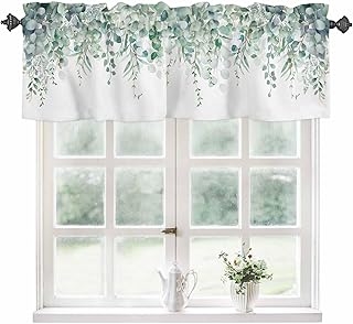 Sage Green Eucalyptus Curtain Valance for Windows Rod Pocket Valance Window Treatments 1 Panel Watercolor Leaves Short Curtains for Kitchen Windows Bathroom Bedroom 42x12in