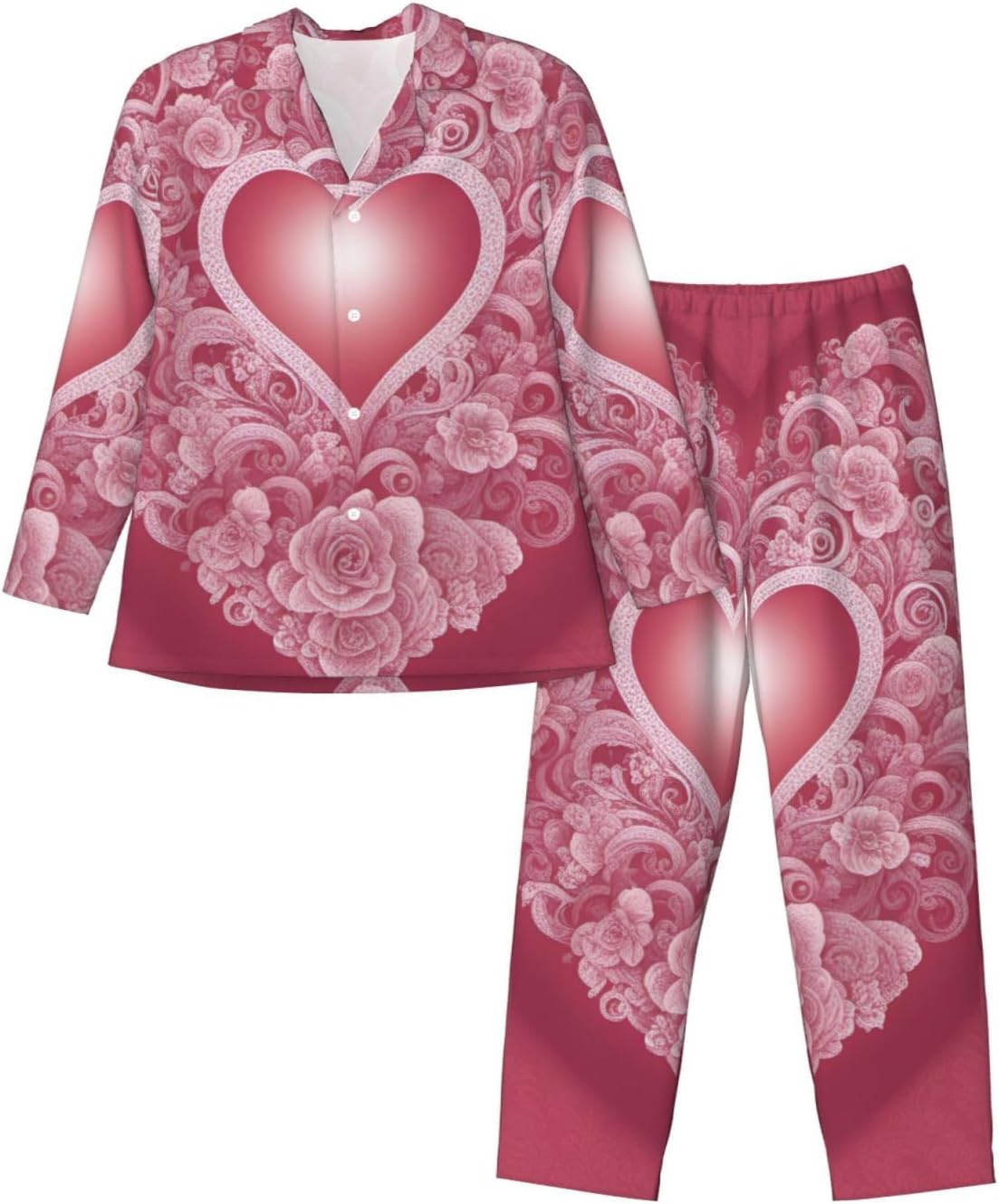 Romantic Heart Print Luxurious Mens Pajamas Set,Soft Breathable Pajamas, Perfect For Winter Christmas