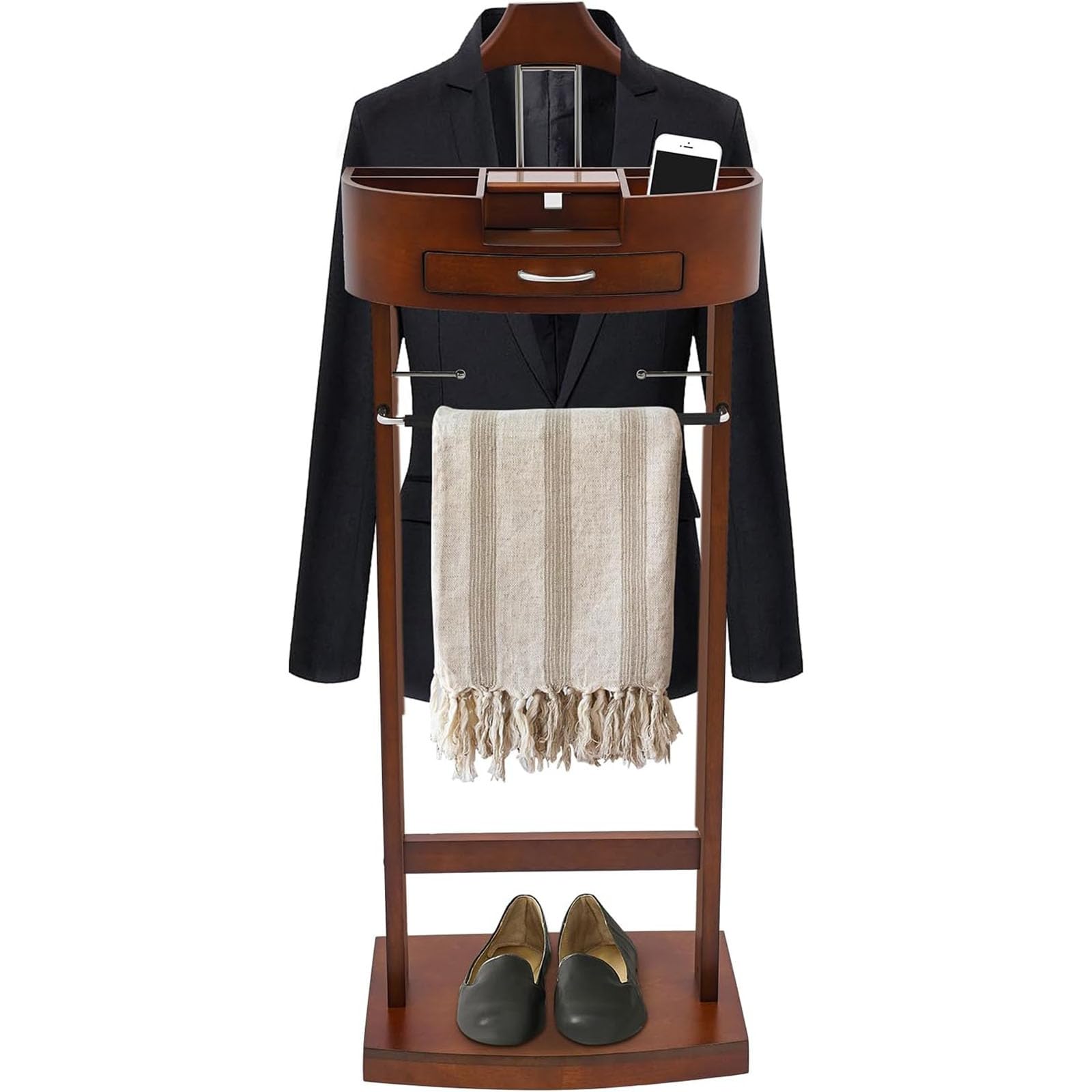 HCZKIUJY Wooden Freestanding Clothes Stand, Multi-Functional Suit Valet with Top Drawer, Space-Saving for Office, Bedroom, Living Room