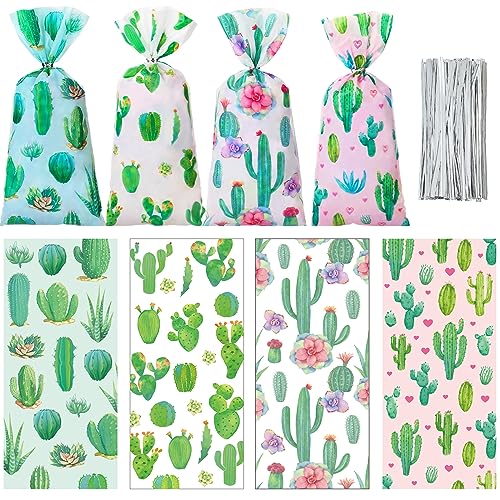 Fulmoon 100 Pcs Floral Cactus Candy Bag Goodie Cellophane Bag with Ties Fiesta Party Favors Gift Cactus Treat Birthday Party Decorations